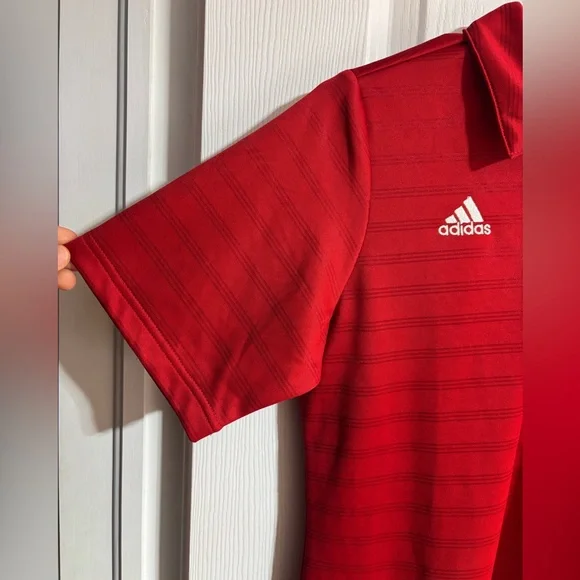 Men’s Adidas Striped Collared Embroidered Logo Red Polo Short Sleeve Top Medium - Picture 4 of 7